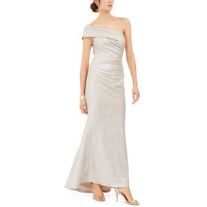 ELIZA J Women's Gold Metallic One-Shoulder Side Zip Bodycon Maxi Gown SZ 8